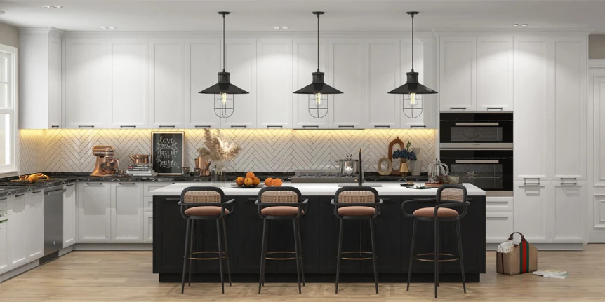 White shaker kitchen cabinets with black island obk22 l04 2