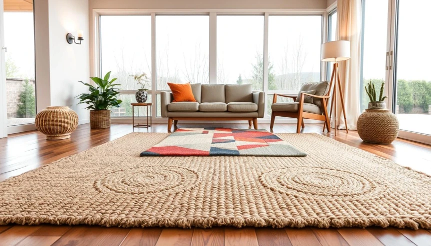 Large jute area rug in bright modern living room with floor-to-ceiling windows and neutral furniture