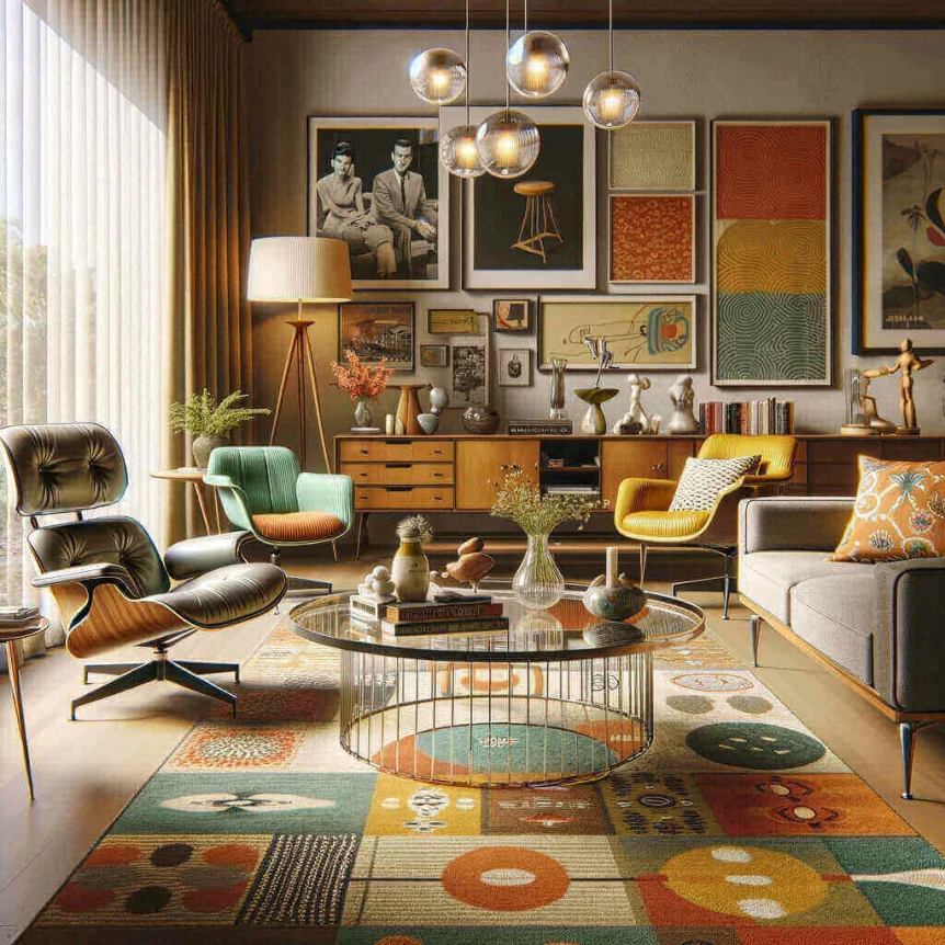 Mid-century modern living room with iconic furniture, colorful geometric rug, and gallery wall of abstract art