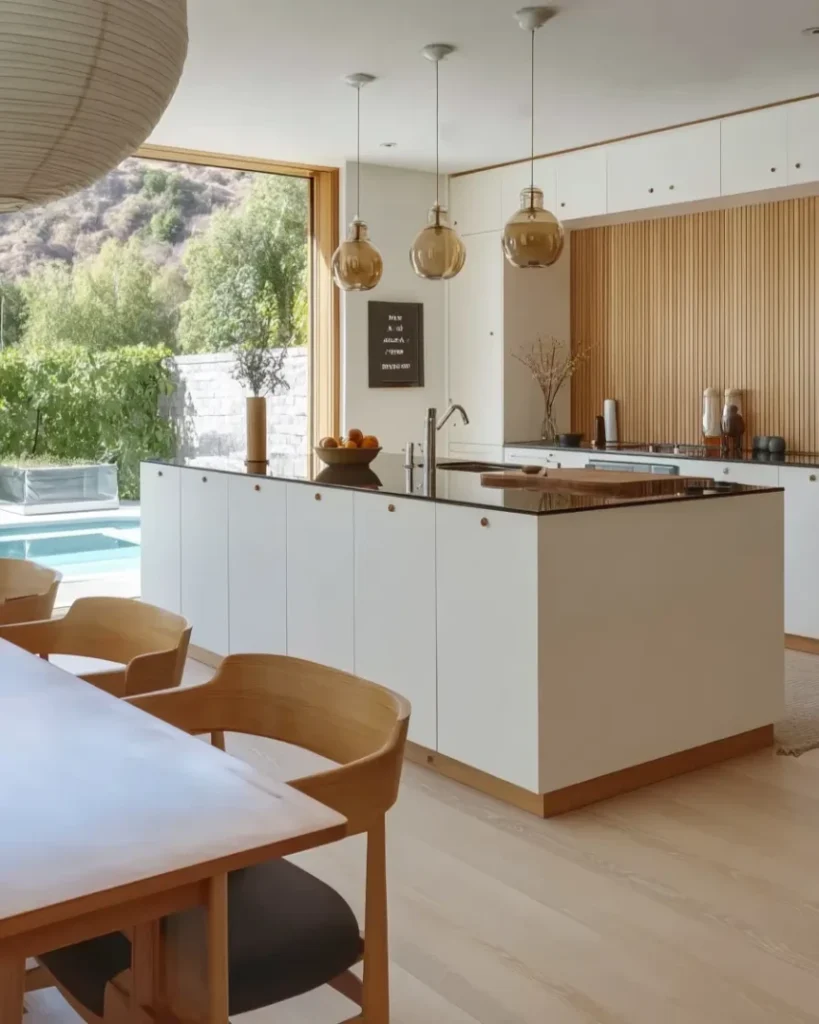 Modern Scandinavian kitchen with white island, wooden accents, pendant lights, and minimalist design