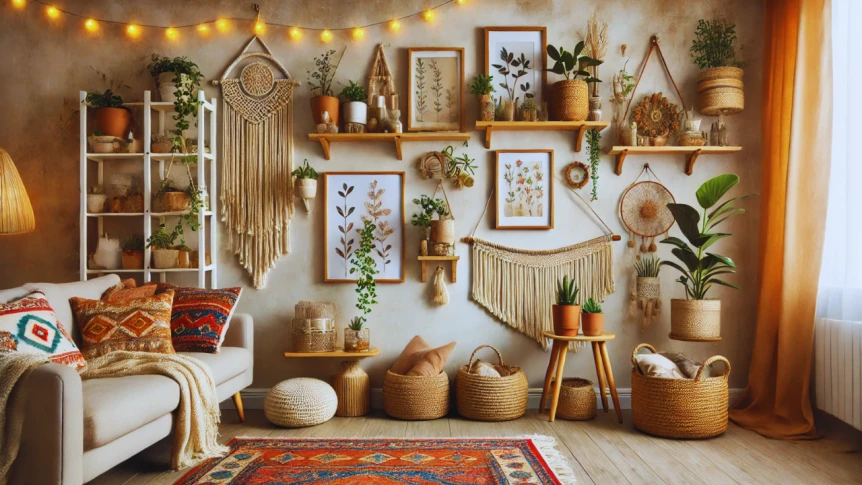 Cozy bohemian living room with macrame wall hangings, string lights, plants, and neutral decor accents