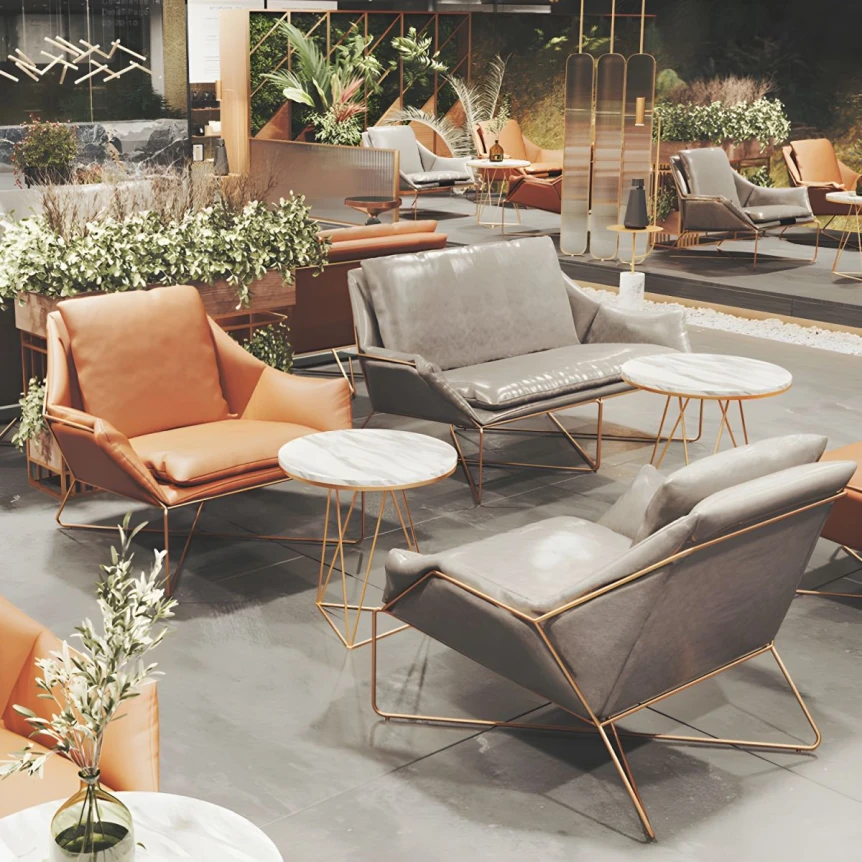 Modern Scandinavian lounge furniture with light wood frames, neutral cushions, and minimalist round coffee tables