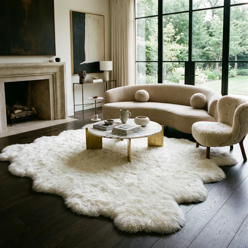 Modern living room with curved beige sofa, white sheepskin rug, and black-framed windows showcasing natural light
