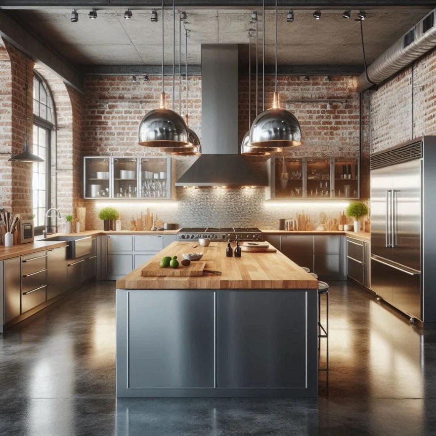 Modern industrial kitchen with exposed brick walls, chrome pendant lights, and gray island with wooden countertop