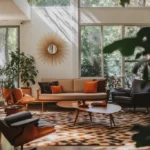 1950s inspired living room with tapered leg furniture orange accents and geometric patterns