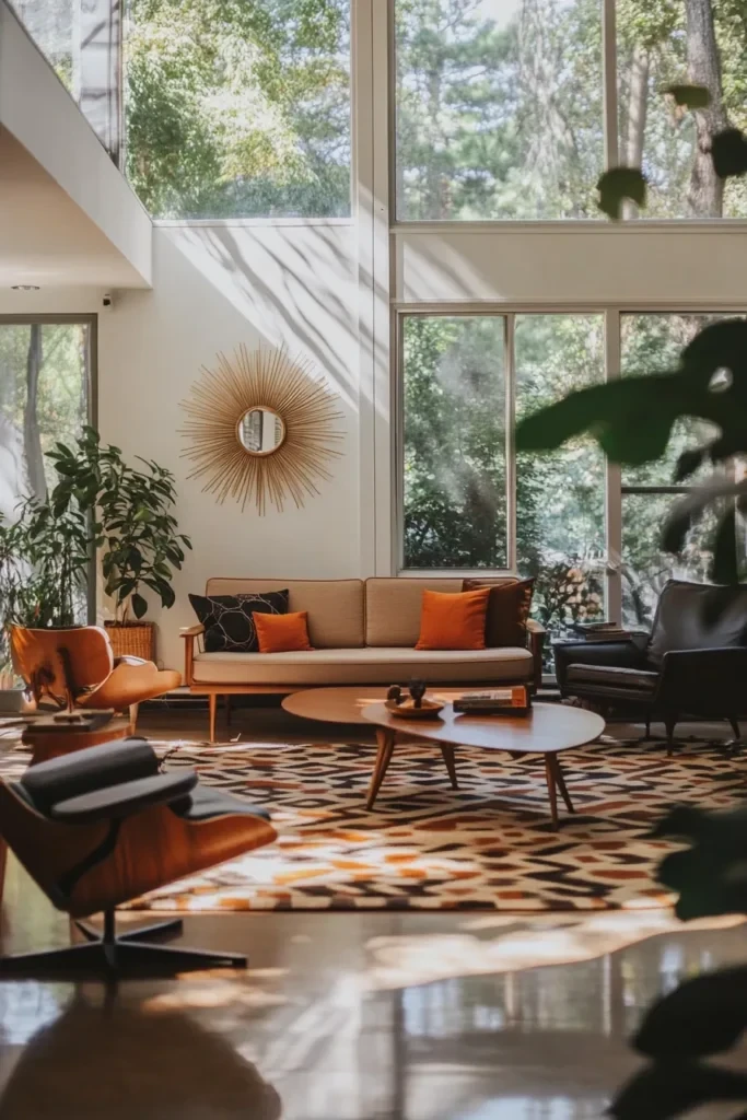 1950s inspired living room with tapered leg furniture orange accents and geometric patterns