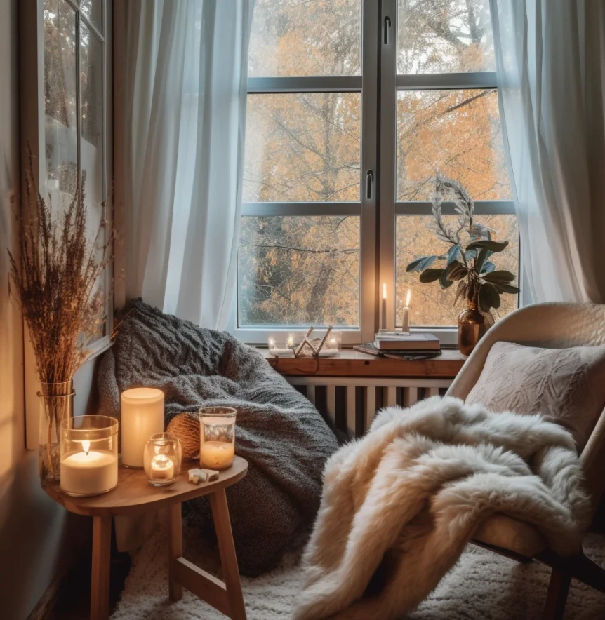 Cozy hygge living room with candles, fur blanket, and window view creating warm Danish ambiance