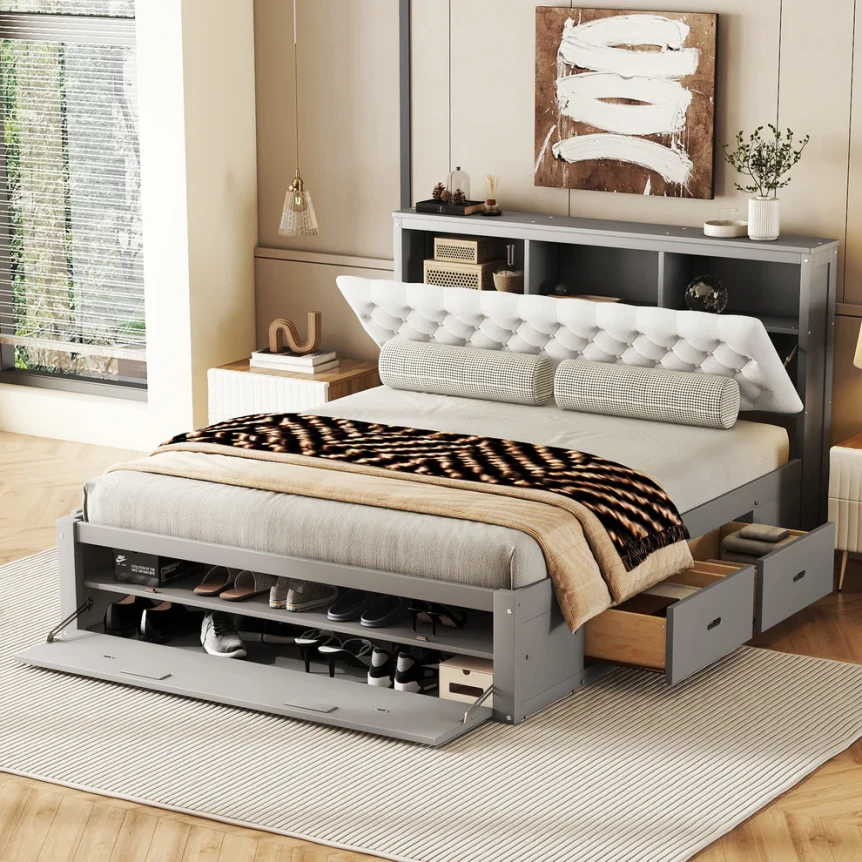 Queen size platform bed with storage drawers and bookcase headboard in white and gray finish