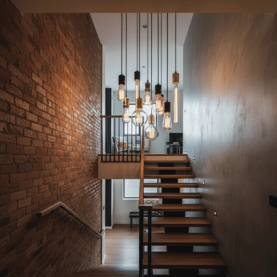 Modern industrial staircase with exposed brick wall and pendant light fixtures creating ambient lighting