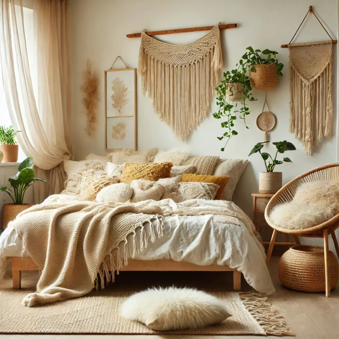 Boho bedroom with macrame wall hangings, natural textiles, rattan chair, and neutral earth tones in beige and cream