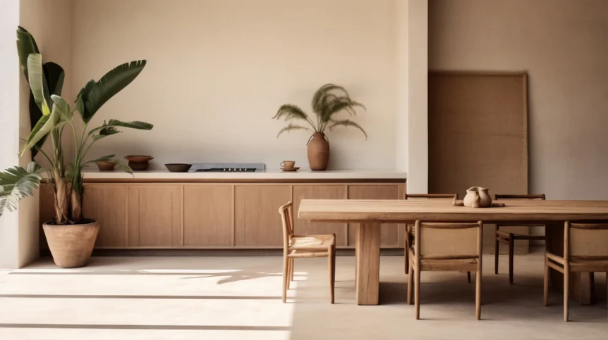 Minimalist Japandi dining room with wooden furniture, neutral tones, and tropical plants creating serene atmosphere