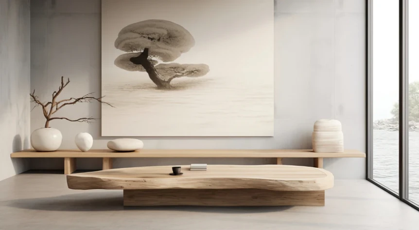 Minimalist Japandi living room with low wooden coffee table, neutral tones, and zen wall art