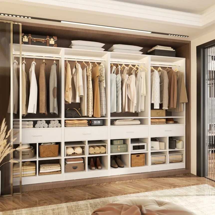 24.5 W Freestanding Closet System with Wood Drawer and 5 Open Storage Shelves and Hanging Rods