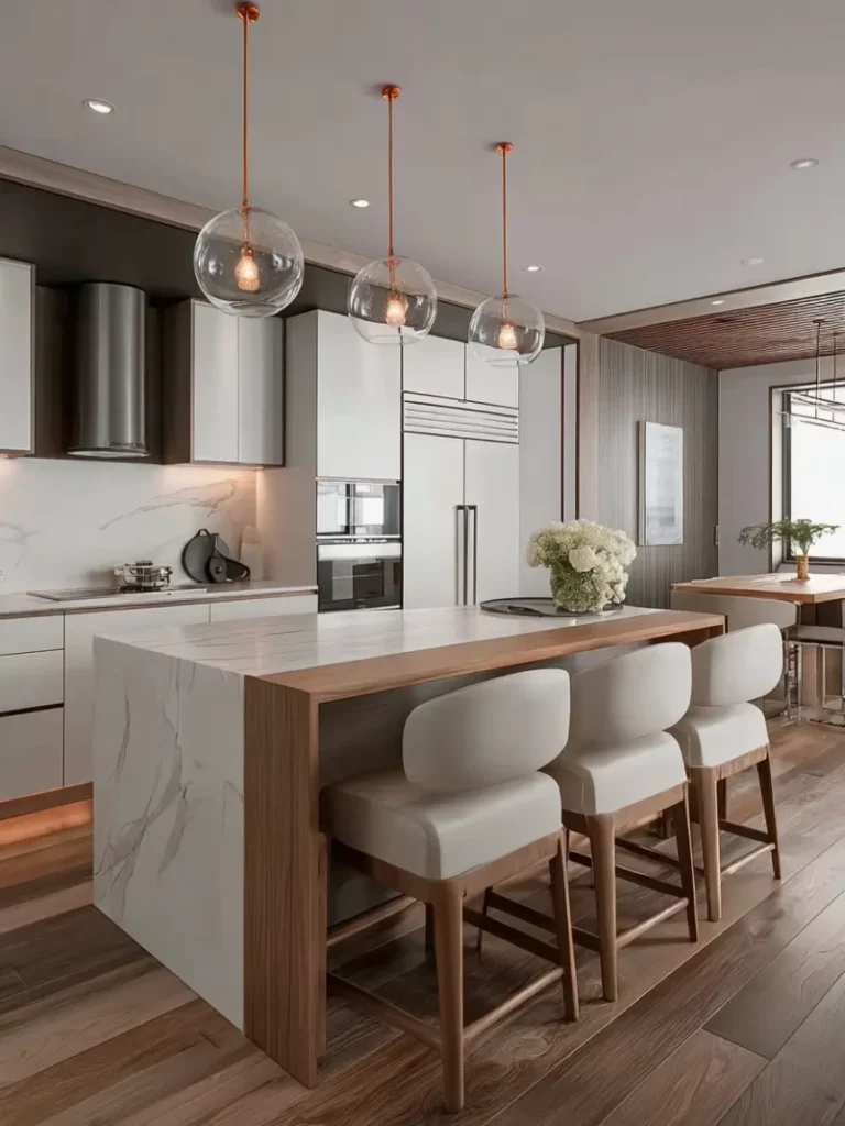 Modern Scandinavian kitchen with white cabinets, marble island, wooden accents, and minimalist pendant lights