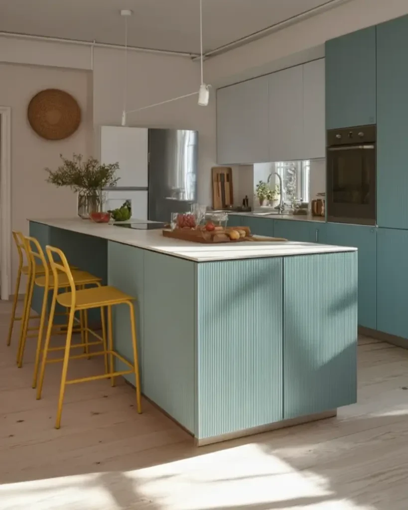 Modern Scandinavian kitchen with sage green cabinets, white island, yellow bar stools, and natural wood flooring