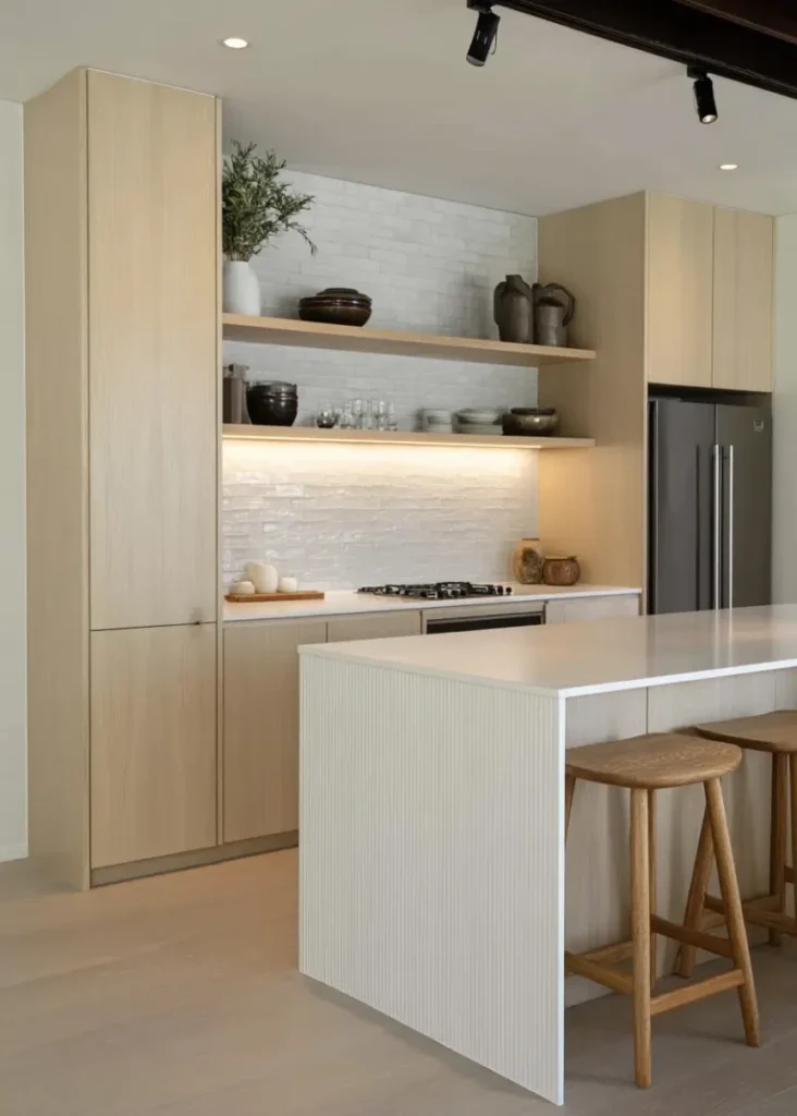 Minimalist Scandinavian kitchen with light wood cabinets, white island, open shelving, and natural materials