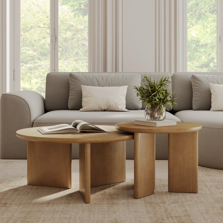 Affordable modern wooden nesting coffee tables under 0 in neutral living room with gray sofa