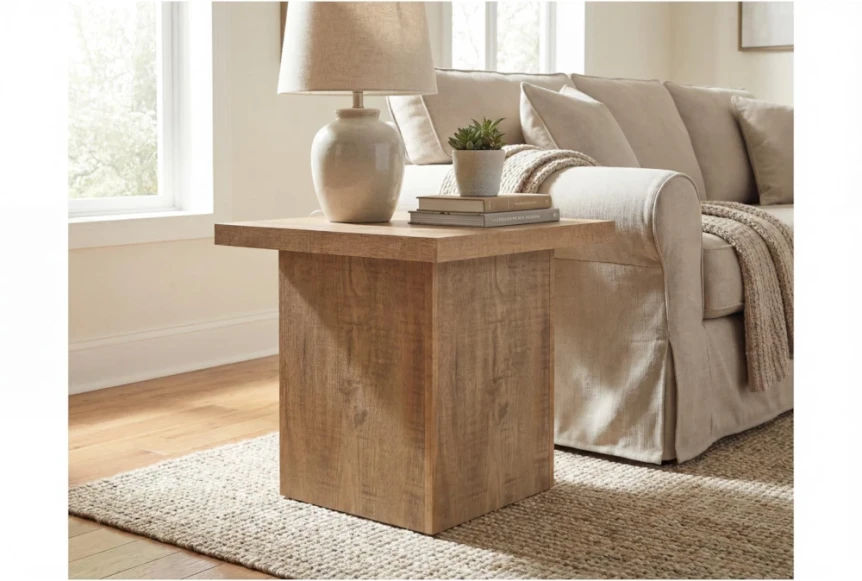 Scandinavian side table styled with table lamp and small ceramic accents