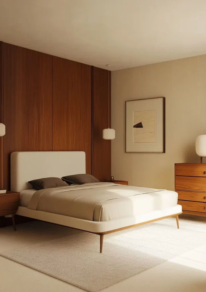 Mid-century modern bedroom with wood panel wall, platform bed, and warm neutral tones creating calm atmosphere