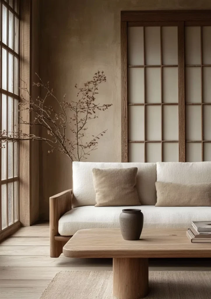 Minimalist Japandi living room with natural wood furniture, shoji screen doors, and neutral earth tones