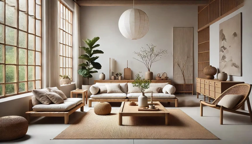 Japandi living room with neutral tones, natural wood furniture, paper lantern, and shoji screen windows