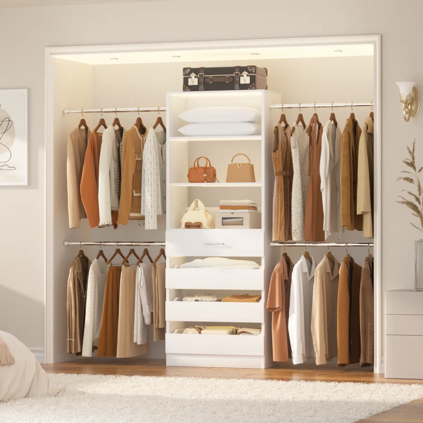 Organized reach-in closet with double hanging rods, shelving unit, and neutral-toned clothing storage system