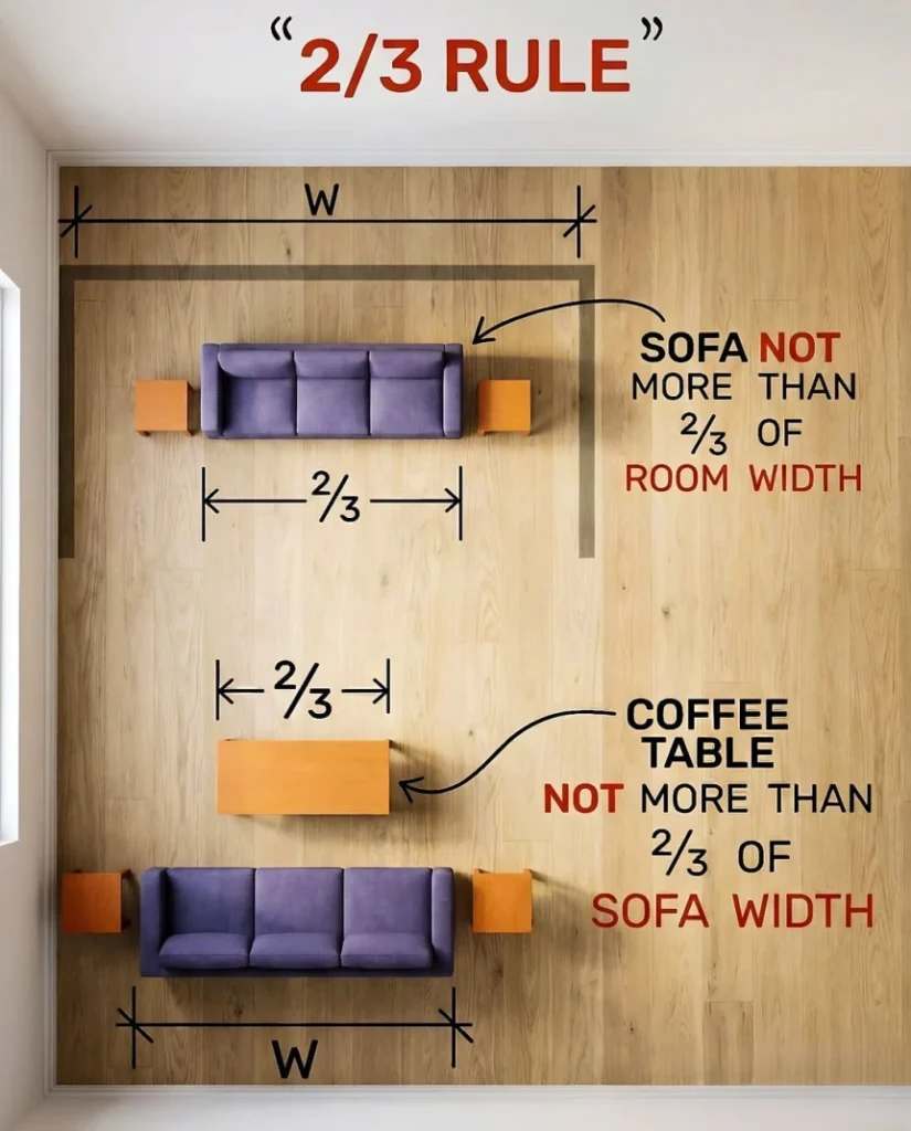 Living room furniture layout showing 2/3 rule with sofa and coffee table measurements for proper spacing