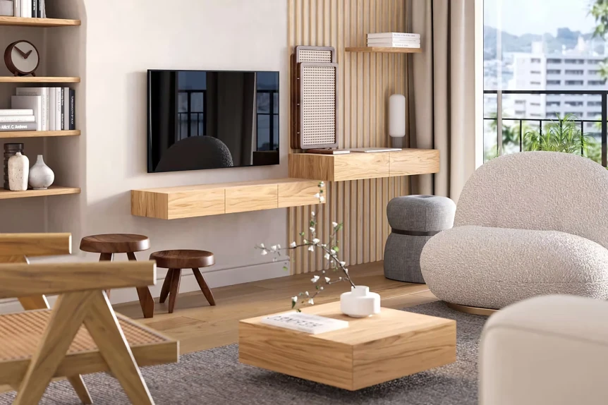 Modern Japandi living room with natural wood furniture, neutral tones, and minimalist decor blending Japanese and Scandina...