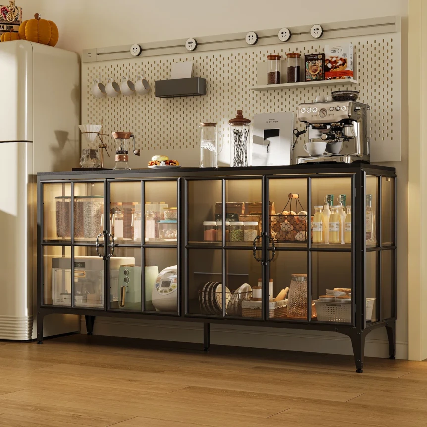 Industrial black metal and glass display cabinet in modern kitchen with pegboard wall storage