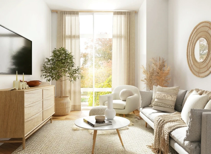 Bright Scandinavian living room with neutral sofa, natural wood furniture, and large windows with sheer curtains