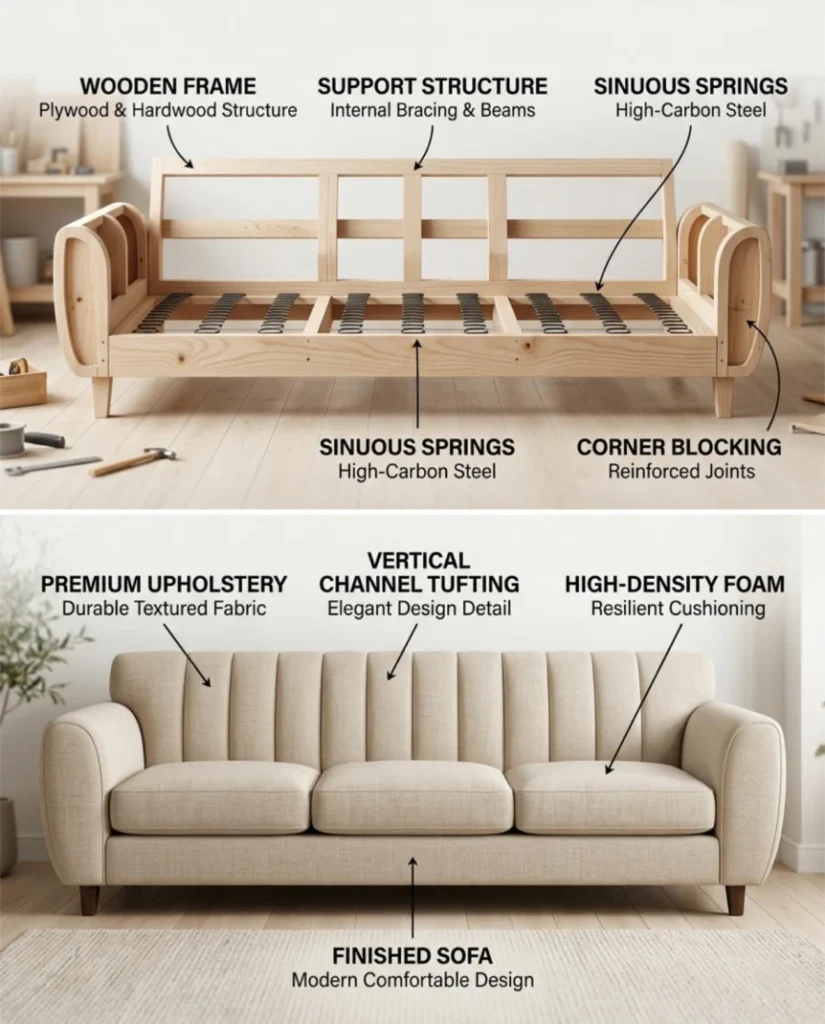 Sofa construction diagram showing wooden frame, support structure, springs, foam layers, and upholstery components