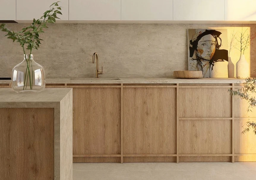 Modern Japandi kitchen with light wood cabinets, minimalist design, and neutral beige stone backsplash
