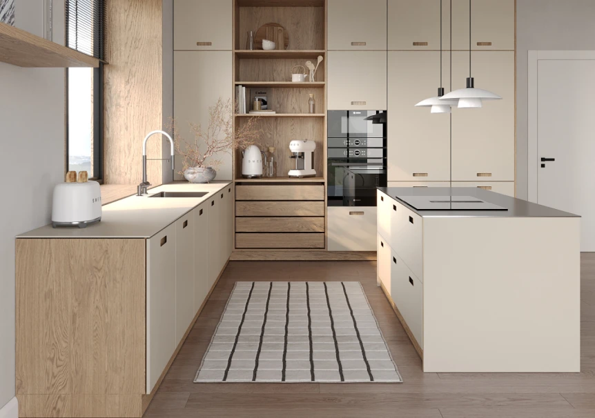 Modern Scandinavian kitchen with light wood cabinets, white island, and minimalist pendant lighting