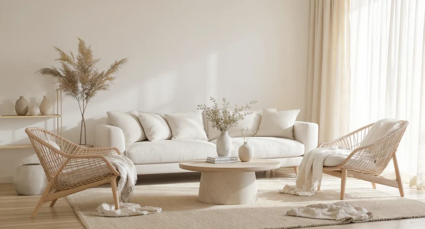 Neutral toned Japandi living room with beige sofa, woven chairs, pampas grass and minimalist decor