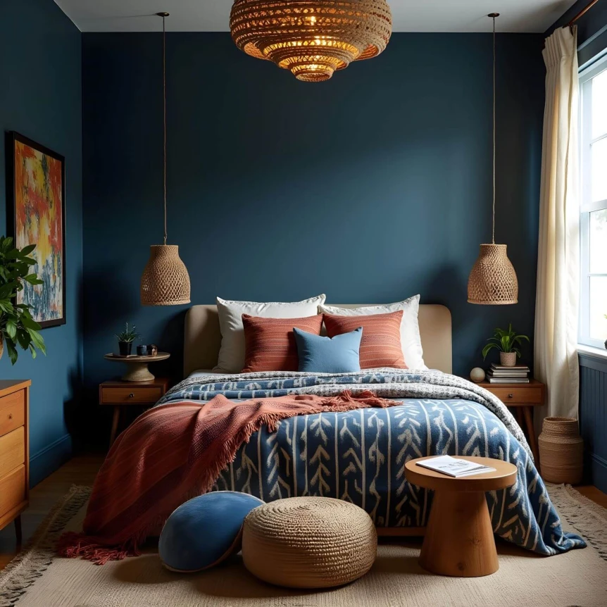 Boho bedroom with deep teal walls, terracotta bedding, woven pendant light, and natural wood furniture accents