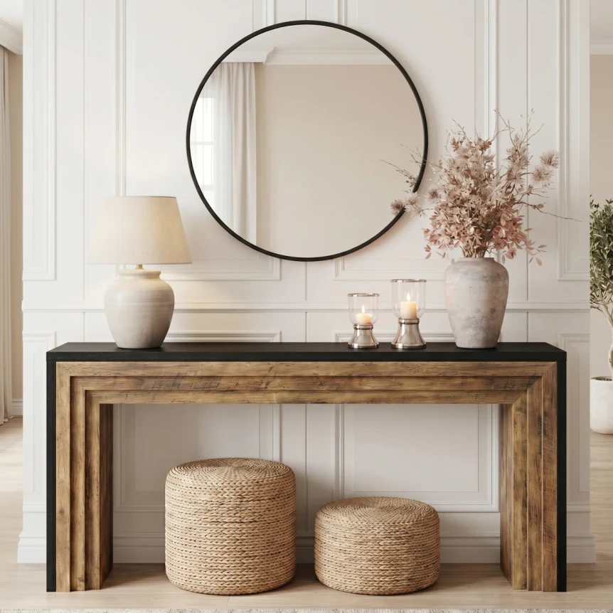 Wooden nesting console tables with round mirror, woven poufs, and minimalist decor in modern entryway