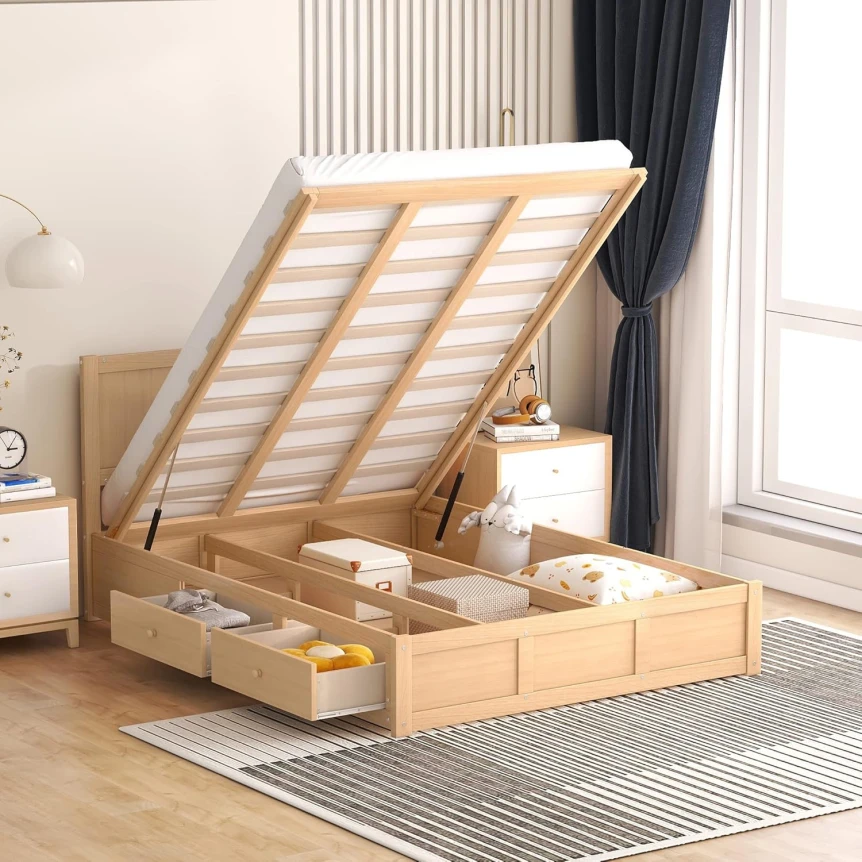 Wooden storage bed frame with hydraulic lift mechanism showing built-in drawers and under-bed storage compartments
