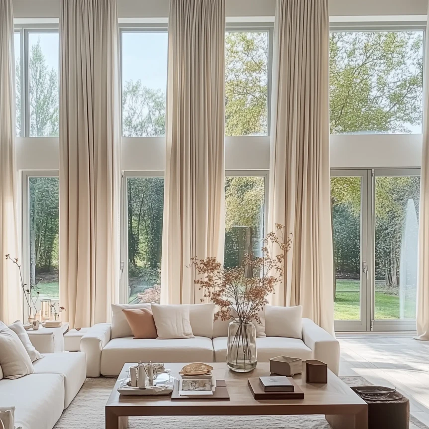 Elegant living room with floor-to-ceiling windows, neutral sofa, wooden coffee table, and natural light