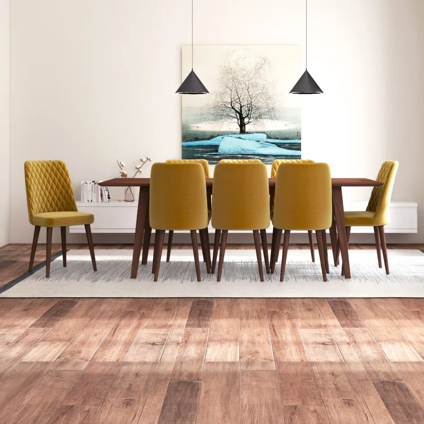 Mid-century modern dining room with yellow velvet chairs, wooden table, pendant lights, and two-tone hardwood flooring