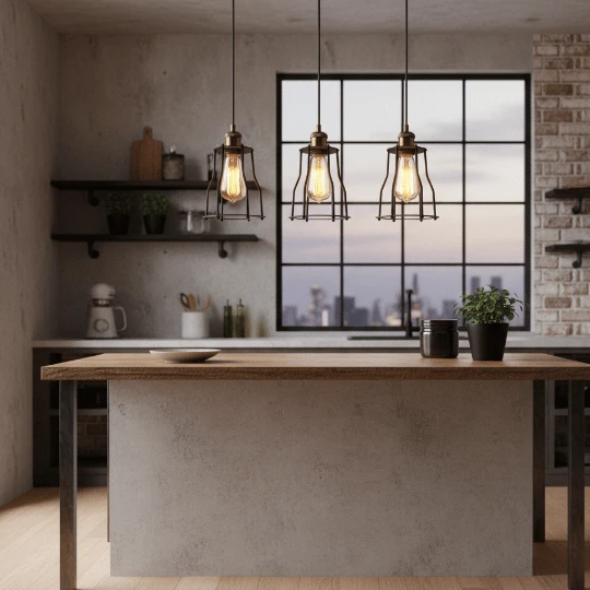 Three industrial pendant lights hanging over modern kitchen island with exposed brick and large windows