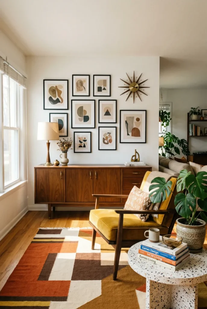Mid-century modern living room with gallery wall, wooden credenza, geometric rug, and vintage yellow armchair