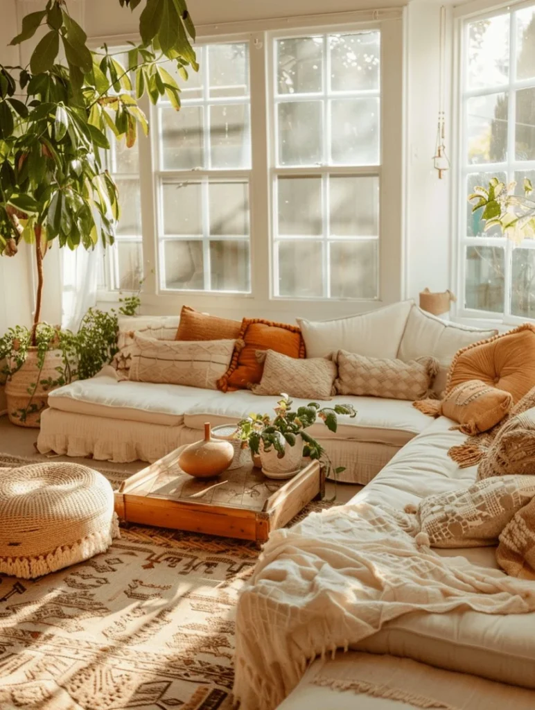Cozy boho living room with cream cushions, orange pillows, layered rugs, and abundant natural light from large windows