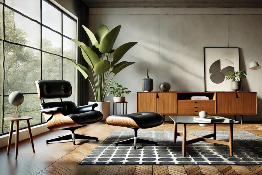 Mid-century modern living room with iconic lounge chair, wooden credenza, large windows, and fiddle leaf fig plant