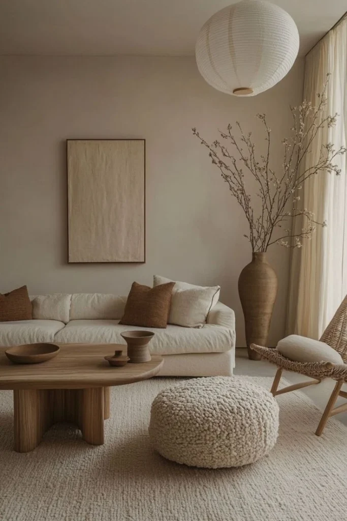 Minimalist Scandinavian living room with neutral tones, round coffee table, textured pouf, and natural pampas grass decor