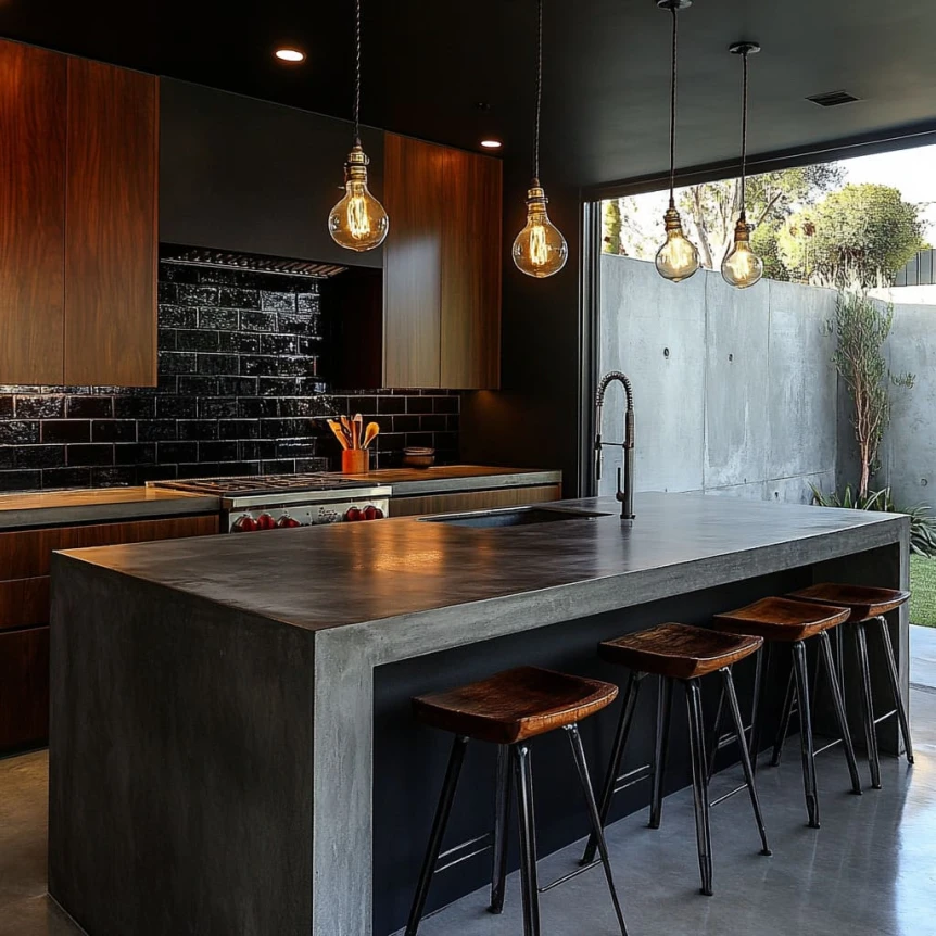 A beautifully crafted kitchen where the concrete countertop blends seamlessly with the surrounding decor
