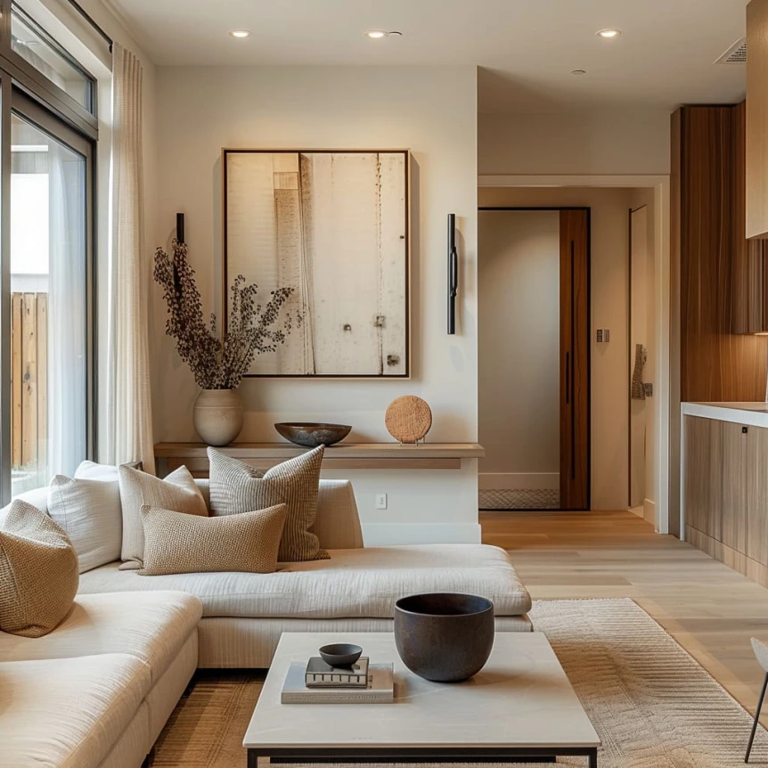 A bright common room utilizes biodegradable decor elements adding a touch of greenery to the design