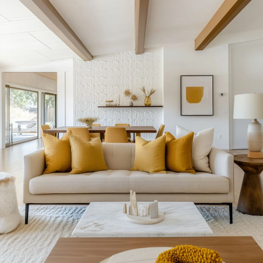 A family room presents a harmonious combination of warm neutrals and mustard yellow accents creating a soft yet inviting aesthetic