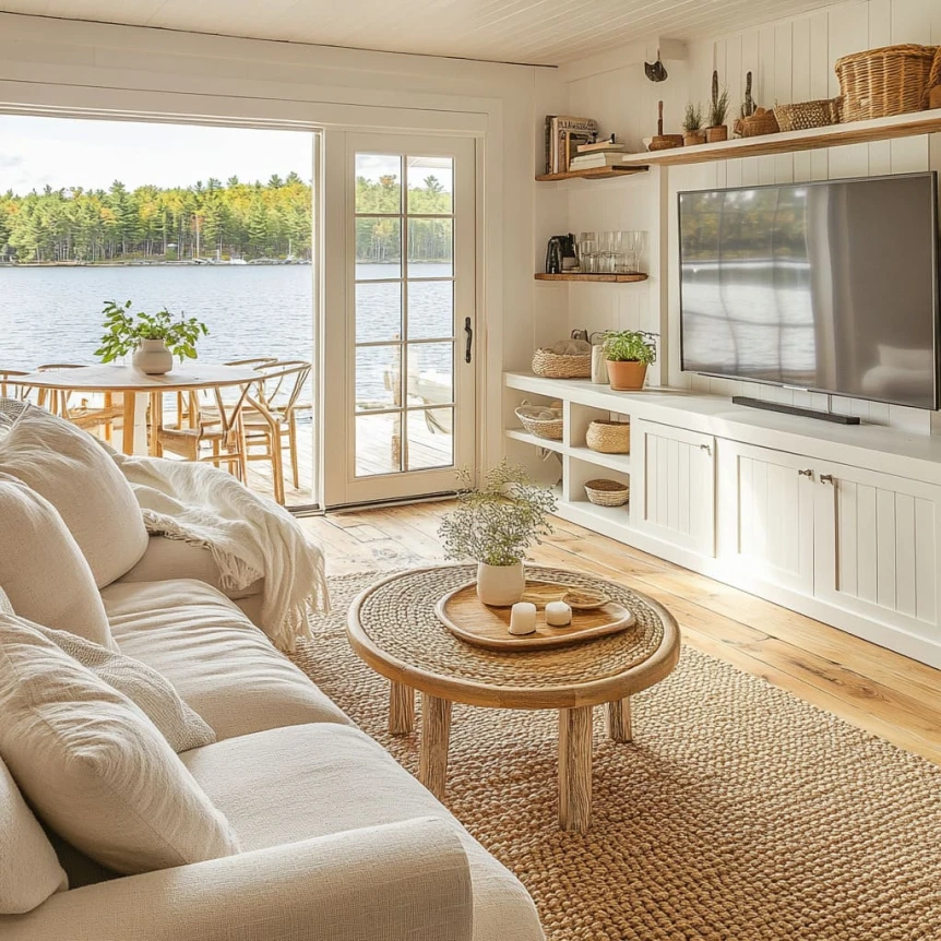 Lakefront cottage living area combining Scandinavian design with New England charm in a tranquil open layout