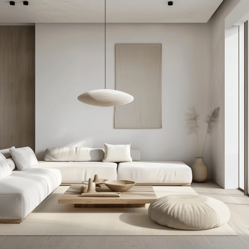 A minimalist living room with a palette of neutral colors including shades of white beige and gray showcasing neutral tones as the foundation of minimalist design3