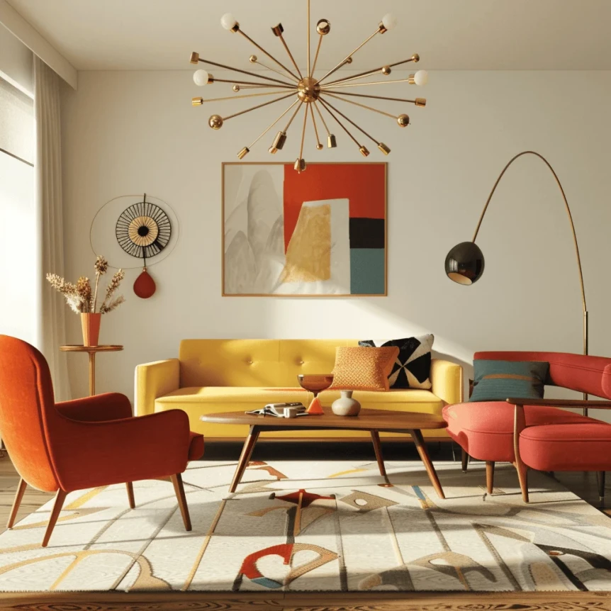 A mid century modern living room with diverse lighting options including a Sputnik chandelier arc floor lamp and geometric table lamps creating a warm and inviting ambiance2